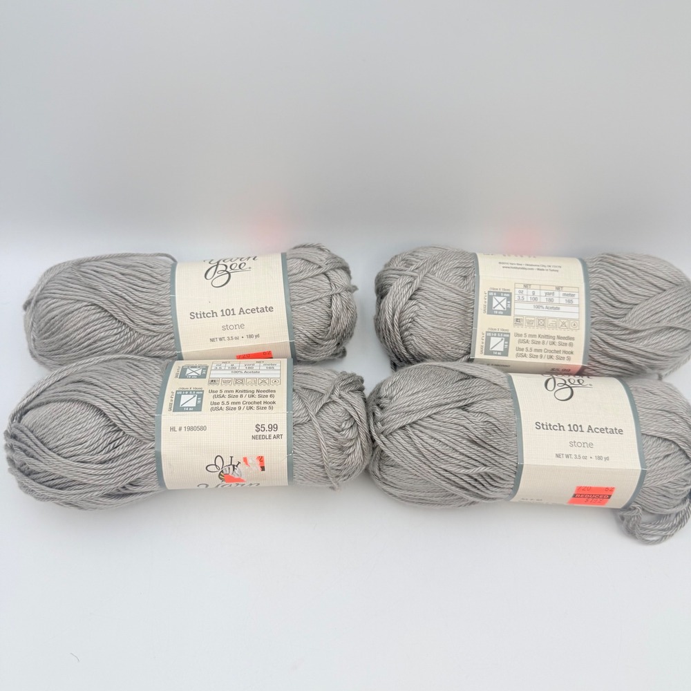 Yarn Bee Stitch 101 Acetate Yarn Stone Grey 180 Yards Lot 4 Skeins SAME DYE LOT